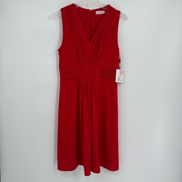 Calvin Klein NWT Dress Women Size 4 Red Sleeveless Ruched Front A-line Stretch - Picture 10 of 10